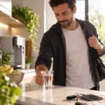 Homem pegando um copo de água na cozinha enquanto se prepara para sair de casa.