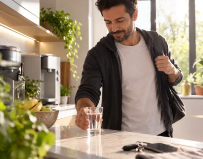 Homem pegando um copo de água na cozinha enquanto se prepara para sair de casa.