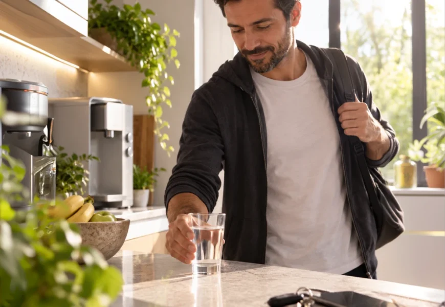 Homem pegando um copo de água na cozinha enquanto se prepara para sair de casa.