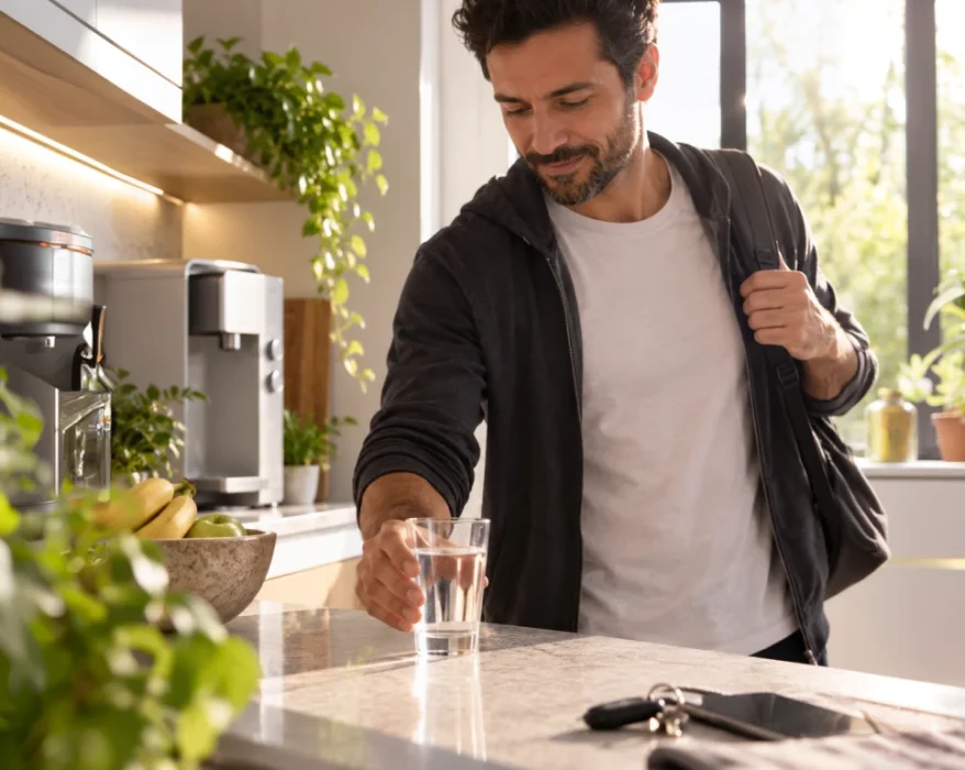 Homem pegando um copo de água na cozinha enquanto se prepara para sair de casa.