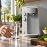 Mão pegando um copo de água sobre uma bancada de cozinha, com purificador de água ao fundo.