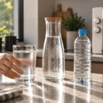 Água filtrada, mineral ou da torneira: qual é a melhor opção? Copo de água, jarra de vidro e garrafa plástica sobre uma bancada de cozinha, com purificador ao fundo.