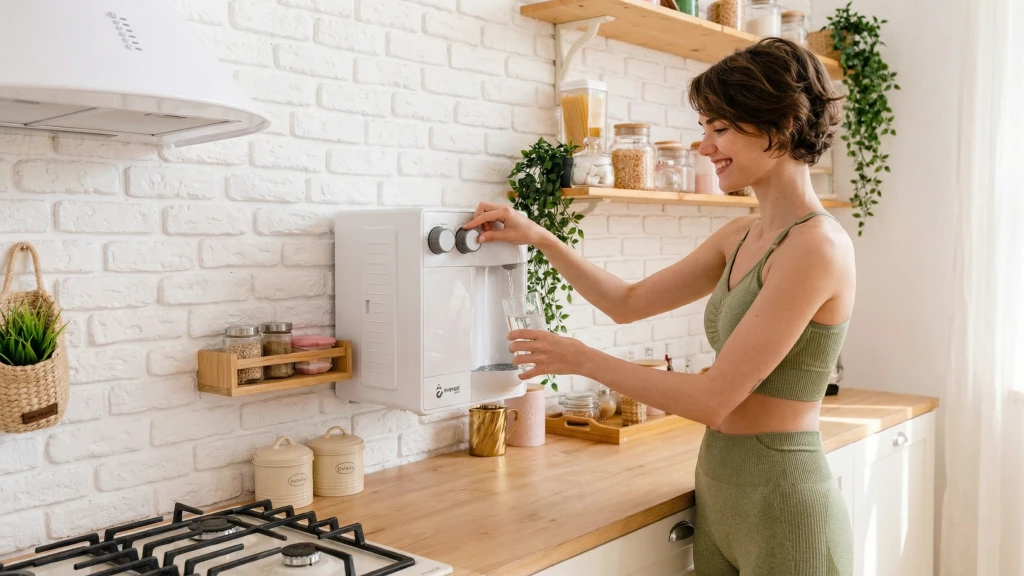 Mulher jovem usando conjunto fitness na cor verde de pé na cozinha, sorrindo, enquanto se serve água no purificador branco Everest.
