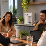 Pessoas reunidas em uma mesa de escritório, com um purificador de água para empresas ao fundo, representando um ambiente corporativo.