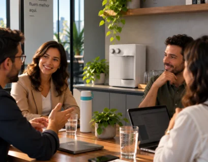 Pessoas reunidas em uma mesa de escritório, com um purificador de água para empresas ao fundo, representando um ambiente corporativo.