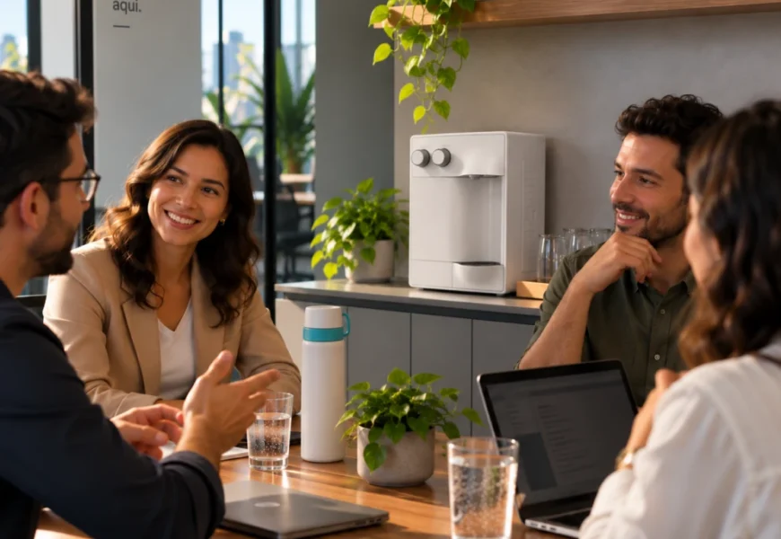 Pessoas reunidas em uma mesa de escritório, com um purificador de água para empresas ao fundo, representando um ambiente corporativo.