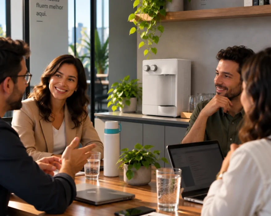 Pessoas reunidas em uma mesa de escritório, com um purificador de água para empresas ao fundo, representando um ambiente corporativo.